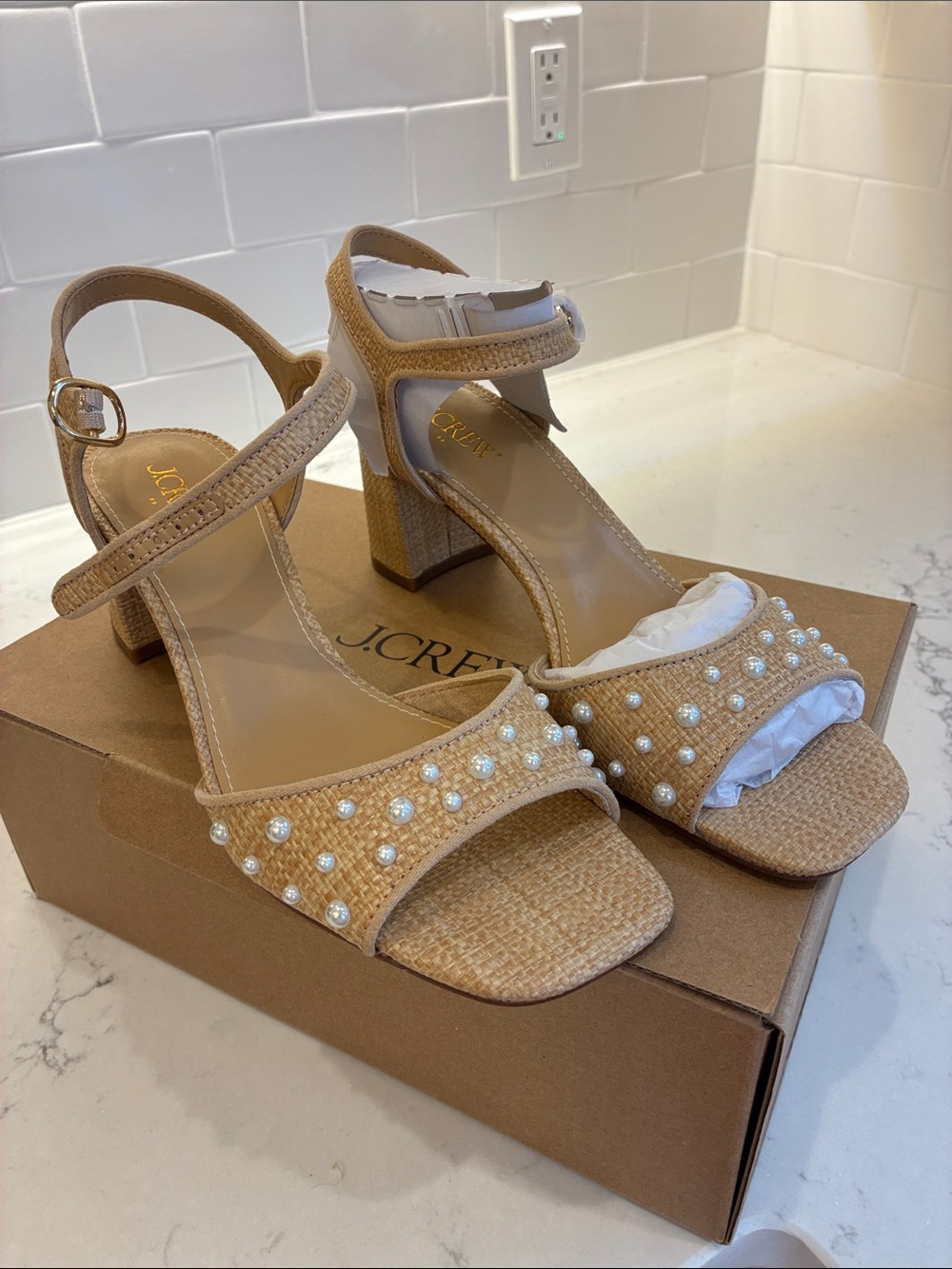 J Crew Pearl Woven Heeled Sandals